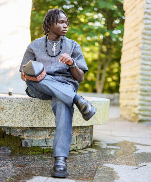 Denim Caftan With Cowrie Shells Detail,  Shirt & A Matching Pant- 2 Set